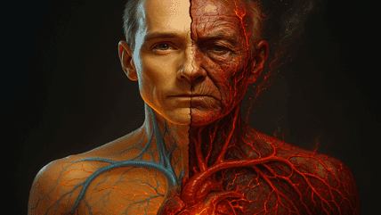 Artistic split portrait showing healthy vitality on one side and aging inflammation damage on the other, symbolizing chronic inflammation as the silent killer