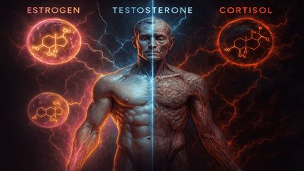 Digital illustration of human body with estrogen, testosterone, and cortisol symbols, representing hormone balance and aging in 2025.