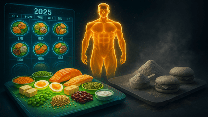 Weekly 2025 meal calendar and glowing human silhouette beside a board of whole-food proteins—salmon, eggs, tofu, edamame, lentils, peas, beans, yogurt—with protein powder and fast-food burgers as a gray contrast.