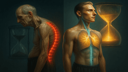 Split image of bad vs good posture showing aging spine versus youthful lungs and vitality, symbolizing posture as a longevity hack