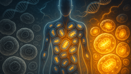 Futuristic illustration of mitochondria glowing inside human cells, showing aging versus youthful energy control in 2025