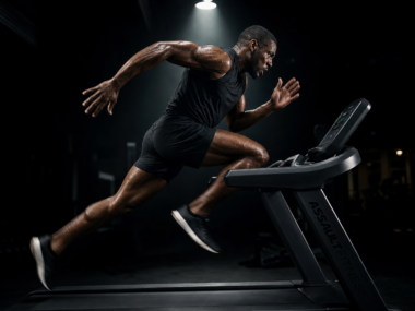 Athlete mid-sprint interval in a dark gym, high intensity interval training