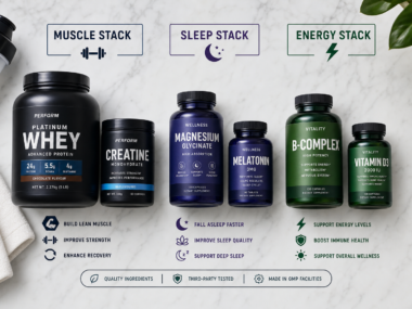 Multiple supplement bottles arranged by goal muscle sleep energy and recovery representing supplement stacks