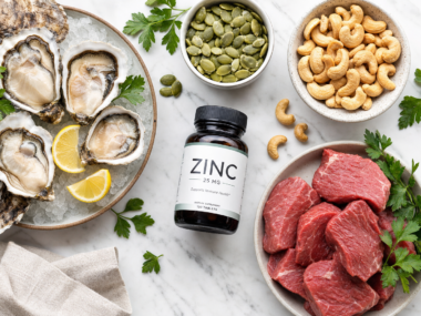 Zinc rich foods oysters pumpkin seeds and zinc supplement capsules for immune health